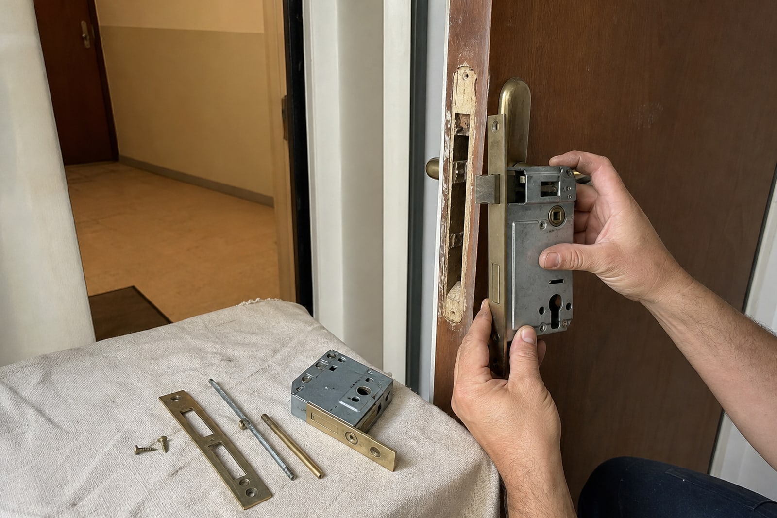mains démontant une vieille serrure encastrée