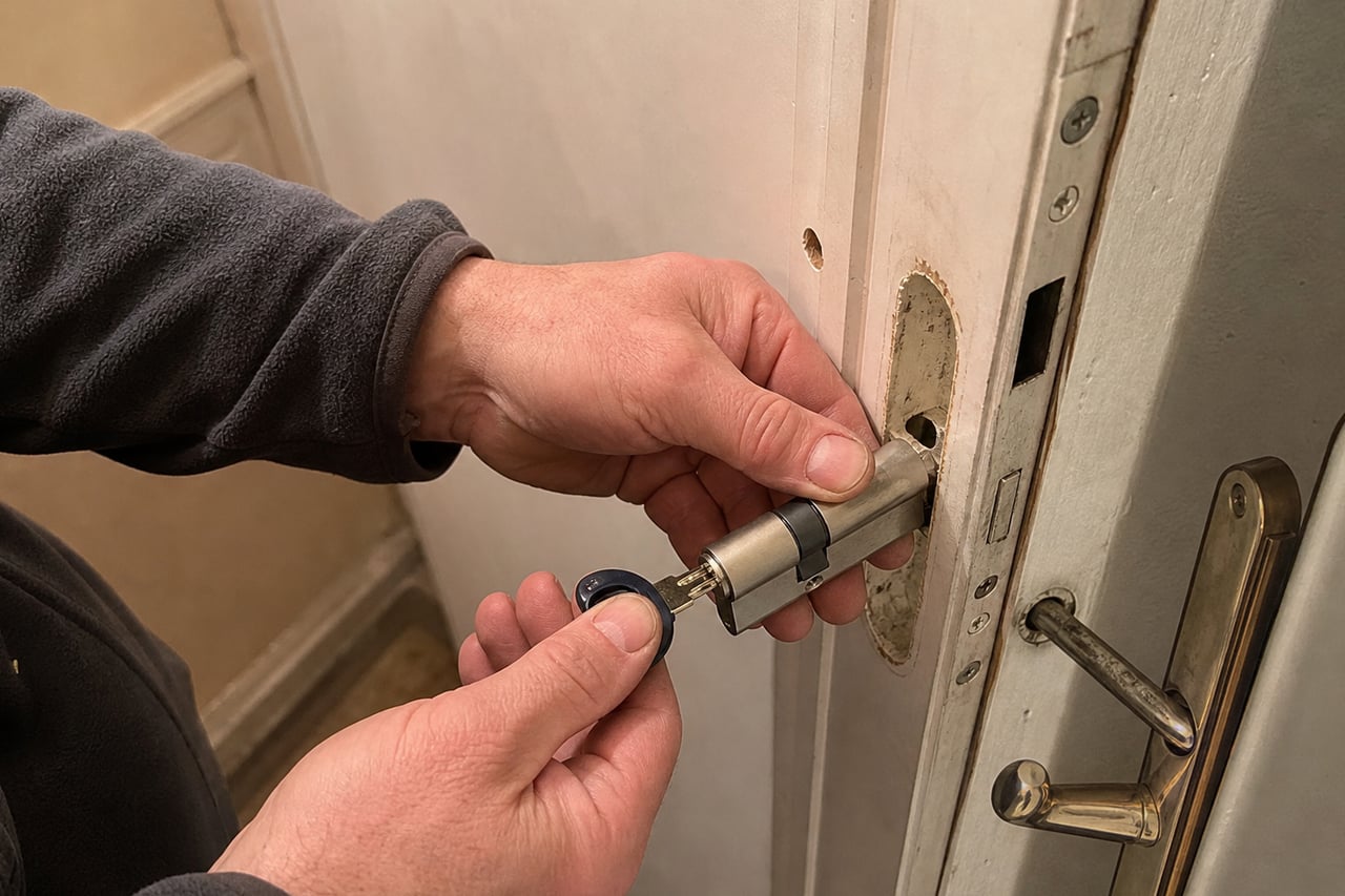 mains installant un cylindre haute sécurité
