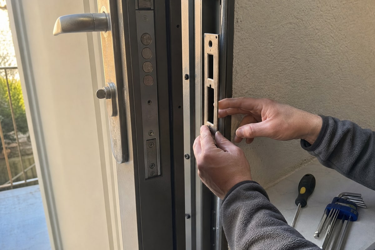mains ajustant une plaque de gâche sur cadre